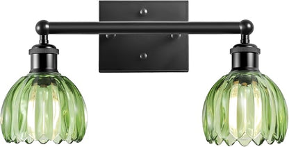 Bathroom Light Fixture,2-Light Vintage Bathroom Sconces Over Mirror, Black Fancy Vanity Lights, Flower Light Fixture with Green Tulip Glass Shade for Bedroom, Living Room, E26 Base