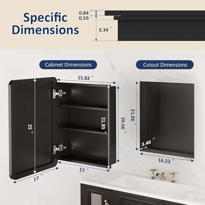 Medicine Cabinet Mirror 17x25 Inch, Black Bathroom Mirror Cabinet with Stepless Adjustable Shelves, Rounded Rectangle Metal Framed, Bathroom Mirror with Storage Recessed or Wall Mount