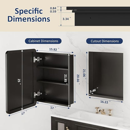 Medicine Cabinet Mirror 17x25 Inch, Black Bathroom Mirror Cabinet with Stepless Adjustable Shelves, Rounded Rectangle Metal Framed, Bathroom Mirror with Storage Recessed or Wall Mount