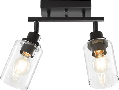LOUSACE 2 Light Kitchen Track Light Fixtures Ceiling Vanity Lights Black, Bathroom Track Lighting Kit w/Rotatable Heads & Clear Glass Shade, Modern Wall Ceiling Tracking Light for Accent Shop Hallway