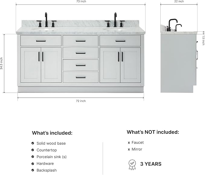 ARIEL Hepburn 72-inch Bathroom Vanity with Sink,Solid Wood, 1.5-inch Italian Carrara Marble Countertop & Backsplash, Double Oval Porcelain Sink, 4 Soft Closing Doors, 6 Dovetail Drawers, Grey