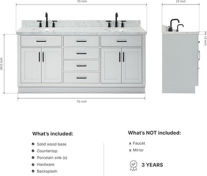 ARIEL Hepburn 72-inch Bathroom Vanity with Sink,Solid Wood, 1.5-inch Italian Carrara Marble Countertop & Backsplash, Double Oval Porcelain Sink, 4 Soft Closing Doors, 6 Dovetail Drawers, Grey