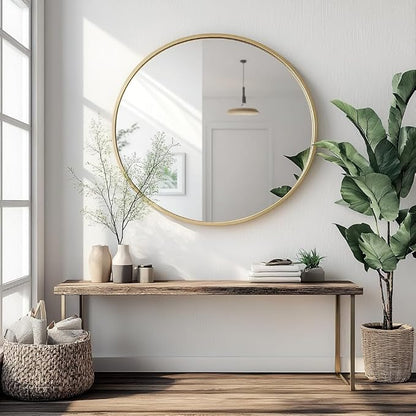 Round Mirror, 20 inch Glold Circle Mirror, Bruhsed Gold Metal Frame | High Definition,Waterproof,Rust-resistant,Round Mounted Mirrors for Bathroom,Living Room,Bedroom,Hallyway,Vanity,Wall Décor