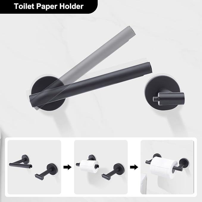 Matte Black Toilet Paper Holder Set, Stainless Steel Towel Ring, Double Post Pivoting Toilet Paper Holder and Hand Towel Holder Set for Bathroom,Bathroom Hardware Accessories Set Black