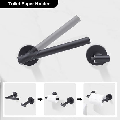 Matte Black Toilet Paper Holder Set, Stainless Steel Towel Ring, Double Post Pivoting Toilet Paper Holder and Hand Towel Holder Set for Bathroom,Bathroom Hardware Accessories Set Black