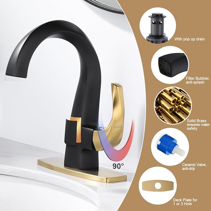 WOWOW Single Handle Bathroom Faucet 1 Hole High Arc Bathroom Basin Faucet Black and Gold with Pop-up Drain, Solid Brass Commercial Bathroom Sink Basin Vanity Bar Faucet (Patented Product)