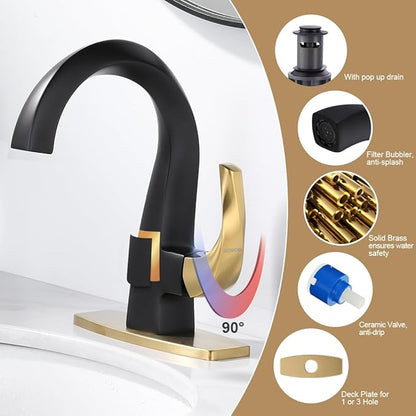 WOWOW Single Handle Bathroom Faucet 1 Hole High Arc Bathroom Basin Faucet Black and Gold with Pop-up Drain, Solid Brass Commercial Bathroom Sink Basin Vanity Bar Faucet (Patented Product)