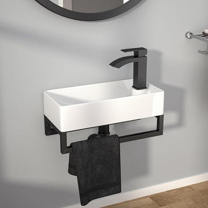 Wall Mount Sink Small - 17" x 9" Floating Bathroom Sink Rectangle White Porcelain Ceramic Right Hand Sink with Towel Rack