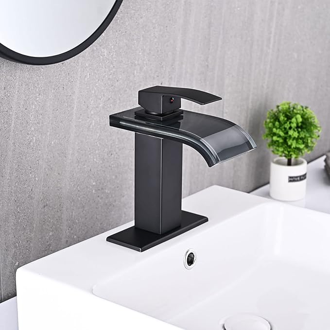 LED Bathroom Sink Faucet, Matte Black Waterfall Single Hole Handle Vanity Faucets for Sinks 1 Hole with Metal Pop Up Drain and 2 Water Supply Lines, Wide Glass Spout