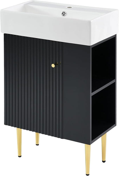Merax 21.6 Inch Small Bathroom Vanity Sink Combo, Freestanding Bathroom Cabinet with Undermount Ceramic Sink, Modern Bathroom Storage Vanity Soft-Close Doors, Black