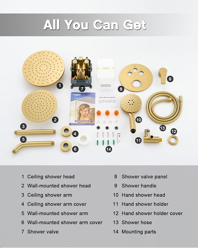Iriber Brushed Gold Shower head with Handheld,8"+10" Rain Shower Faucet Set | 10 Inch Ceiling +8 Inch Wall Mount Dual Shower Heads,Push Button Diverter Shower System,Pressure Balance Valve