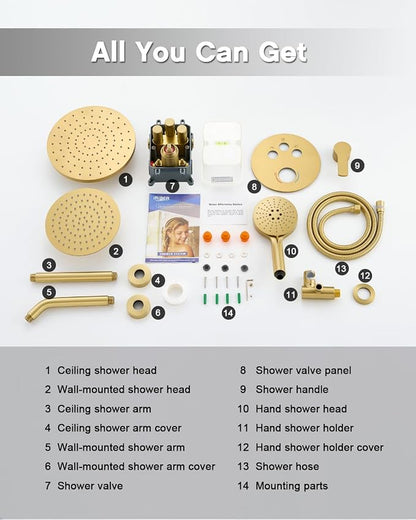 Iriber Brushed Gold Shower head with Handheld,8"+10" Rain Shower Faucet Set | 10 Inch Ceiling +8 Inch Wall Mount Dual Shower Heads,Push Button Diverter Shower System,Pressure Balance Valve