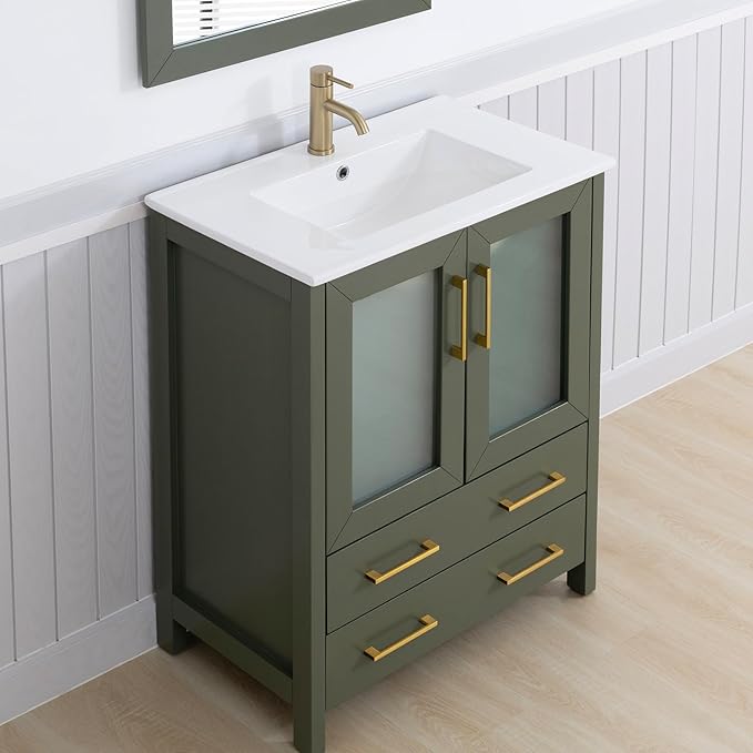Vanity Art 30 Inch Under Mount Single Sink Bathroom Vanity Cabinet with 1 Mirror, Ceramic Top Bathroom Cabinet Compact Set with 2 Dovetail Storage Drawers and Golden Brushed Handles, VA3030-VG