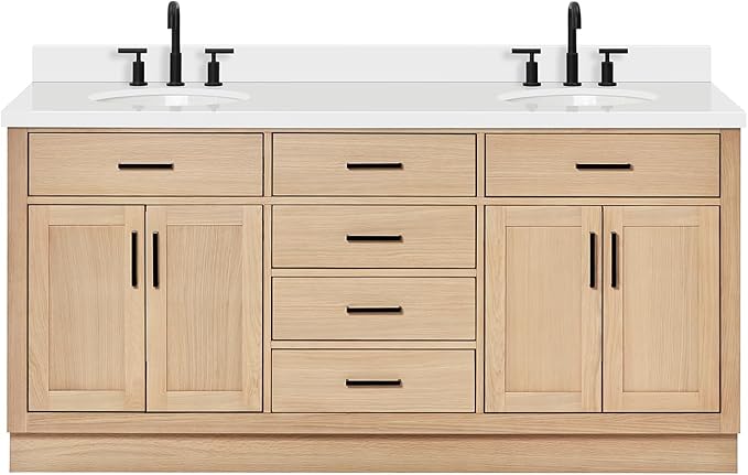 ARIEL Hepburn 72-inch Bathroom Vanity with Sink,Solid Wood, 1.5-inch Pure White Quartz Countertop & Backsplash, Double Oval Porcelain Sink, 4 Soft Closing Doors, 6 Dovetail Drawers, White Oak