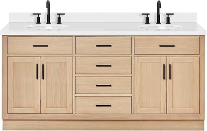 ARIEL Hepburn 72-inch Bathroom Vanity with Sink,Solid Wood, 1.5-inch Pure White Quartz Countertop & Backsplash, Double Oval Porcelain Sink, 4 Soft Closing Doors, 6 Dovetail Drawers, White Oak
