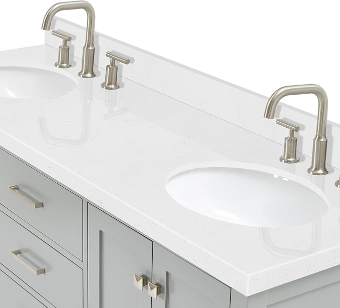 ARIEL Cambridge 66-inch Bathroom Vanity with Sink,Solid Wood, 1.5-inch Carrara White Quartz Countertop & Backsplash, Double Oval Porcelain Sink, 4 Soft Closing Doors, 6 Dovetail Drawers, Grey