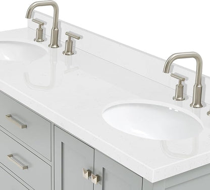 ARIEL Cambridge 66-inch Bathroom Vanity with Sink,Solid Wood, 1.5-inch Carrara White Quartz Countertop & Backsplash, Double Oval Porcelain Sink, 4 Soft Closing Doors, 6 Dovetail Drawers, Grey
