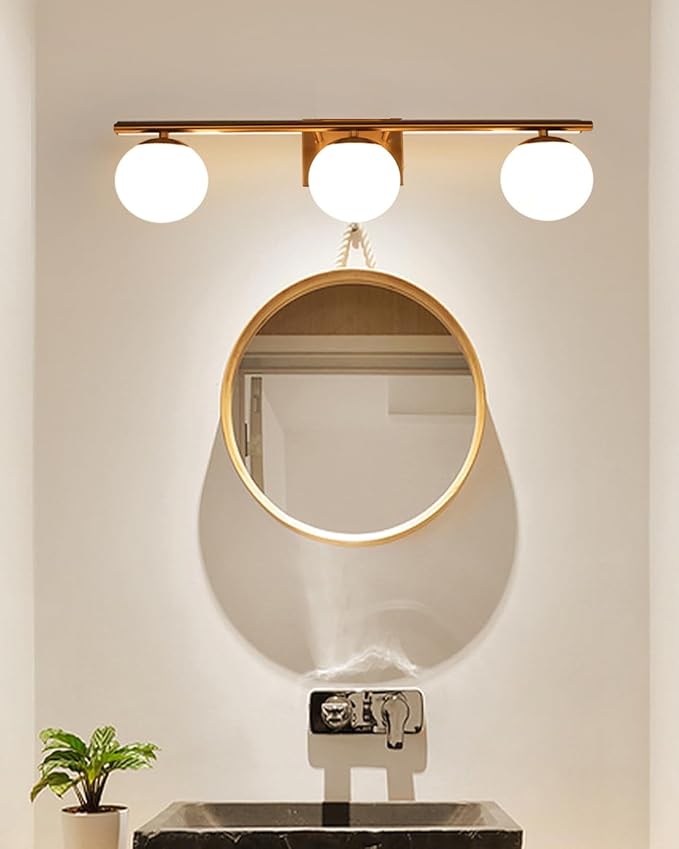 Brushed Brass Bathroom Vanity Light fixtures,24‘’ 3 Lights Modern Globe Glass Shade Wall Sconce for Over Mirror, Damp Rated
