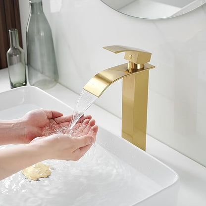 BWE Vessel Sink Faucet Modern Waterfall Brushed Gold Single Hole Bathroom Faucet Single Handle with Pop up Drain Without Overflow Assembly Vanity Basin Bath Sink Faucets Mixer Tap
