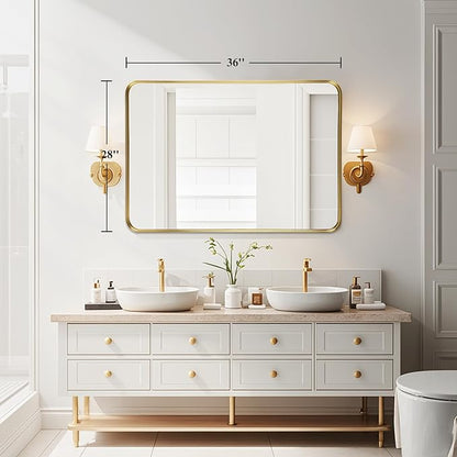 Fabuday Bathroom Mirror 28x36 Inch - Gold Bathroom Mirrors Over Sink, Brushed Metal Frame Wall Mirror for Entryway Modern Farmhouse Decor, Horizontal or Vertical Hanging
