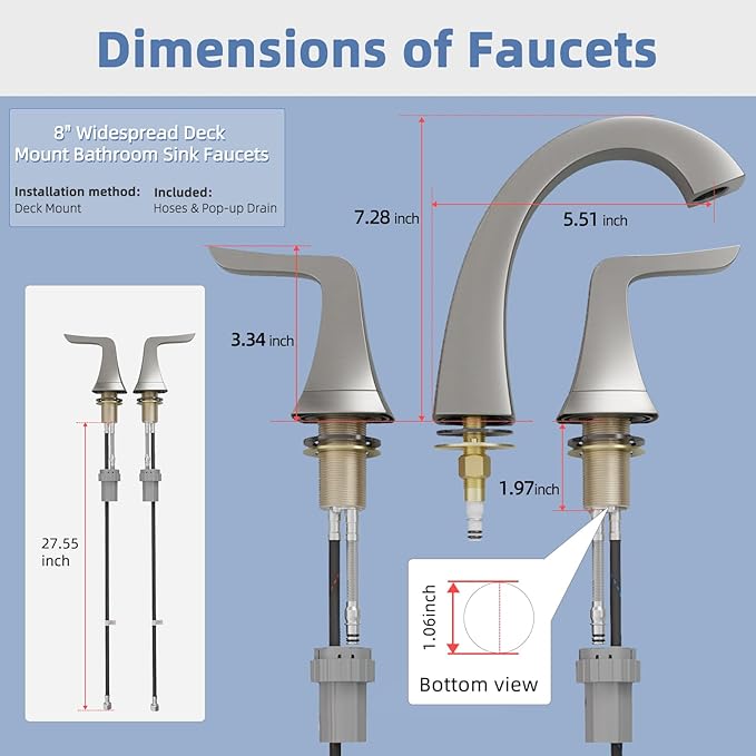 VXV Brushed Nickel Bathroom Faucet Widespread 8 Inch, 3 Hole Vanity Sink Faucet with Pop-Up Drain & Pre-Attached Supply Lines for Easy DIY Installation, Faucet for Bathroom Sink, RV