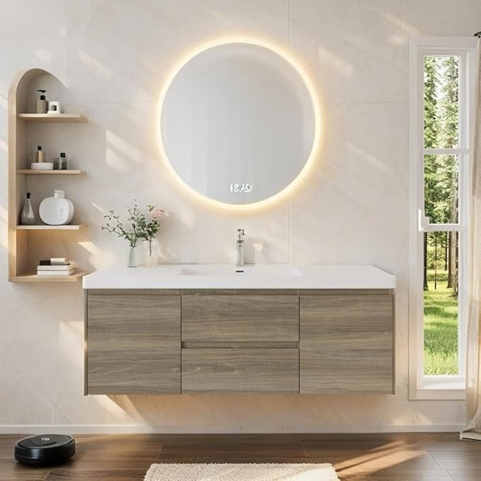 Floating Vanity Bathroom, 60 Inch Bathroom Vanity with Sink, Wall Mounted Single Sink Bathroom Vanity, Soft Closed 2 Drawers, Integrated Sink (Ash Grey)