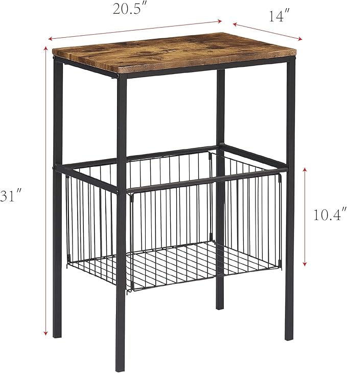 VECELO Tall Night Stand with Metal Basket,End Table with Shelf Storage Organizer, Wood Nightstand for Bedroom, Living Room,Bathroom