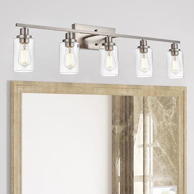 MELUCEE 5-Light Bathroom Vanity Light Brushed Nickel with Clear Glass Shade | Wall Sconce Modern Light Fixtures Wall Mount for Porch Bedroom Hallway Kitchen (Patent No.: US D963914 S) 40 Inches