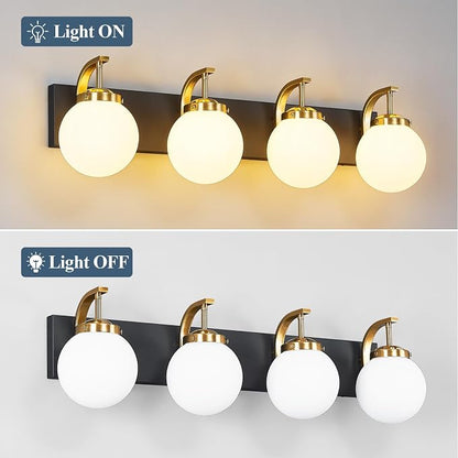 4-Light Bathroom Vanity Light Fixtures Sand Black Gold Vanity Lights Over Mirror Modern Wall Sconce with Milk White Glass Globe Lampshade for Lving Room Dining Room Corridor Powder Room