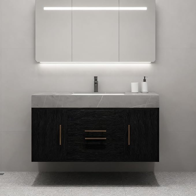 40" Bathroom Vanity with Sink Set, Modern Wall Mounted Bathroom Vanity Cabinet with Ceramic Sink,Gold Handle 2 Drawers&2 Storage Cabinets, Single Sink Floating Bathroom Vanity, Black Grey