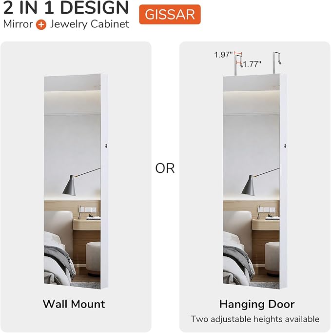 GISSAR Full Length Mirror Jewelry Cabinet, 6 LEDs Jewelry Armoire Wall Mounted Over The Door Hanging, Jewelry Organizer Storage with Lights Lockable, Bright White, 14.6" x 47.2"