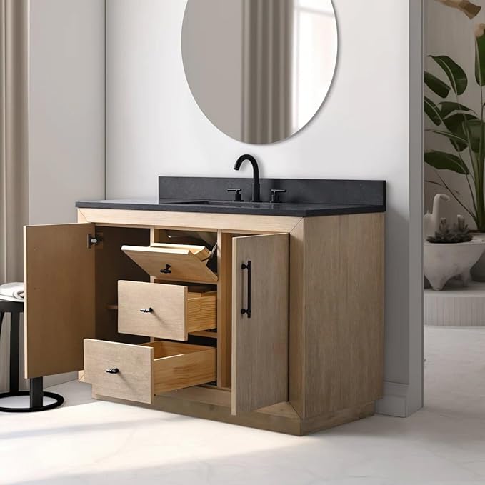 Vanity Art 48" Bathroom Vanity with Sink, Vanity Cabinet with Doors and Shelf, Modern Wood Bathroom Vanity with White Marble Top, Solid Wood Frame, 3 Functioning Drawers,VA70-48-LW-B