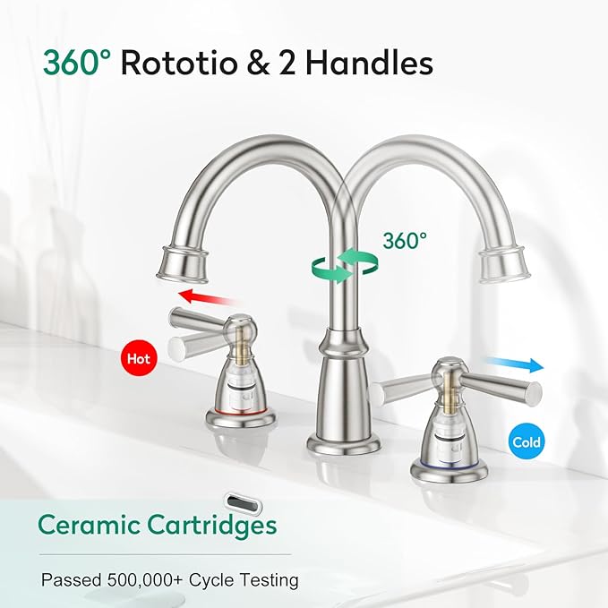 CREA 2 Handles Bathroom Faucet 3 Hole,8 Inch Widespread Bathroom Faucets with Pop Up Drain for Sink Overflow,3 Pieces Brushed Nickel Faucet for Bathroom Vanity Basin Mixer Tap(cPUC Supply Line)