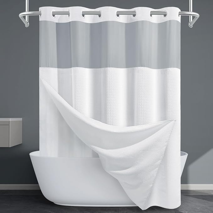 EUTXL Heavyweight No Hook Shower Curtain with Liner, White,71x86 | Snap in Liner, 256GSM Thick Waffle Fabric, Hotel Luxury Spa, Corner Magnets, Quick Dry, Waterproof & Washable, Extra Long