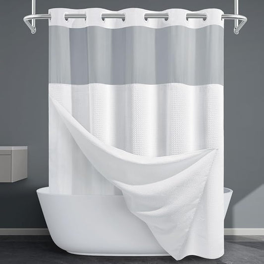 EUTXL Heavyweight No Hook Shower Curtain with Liner, White,71x80 | Snap in Liner, 256GSM Thick Waffle Fabric, Hotel Luxury Spa, Corner Magnets, Quick Dry, Waterproof & Washable, Long Size