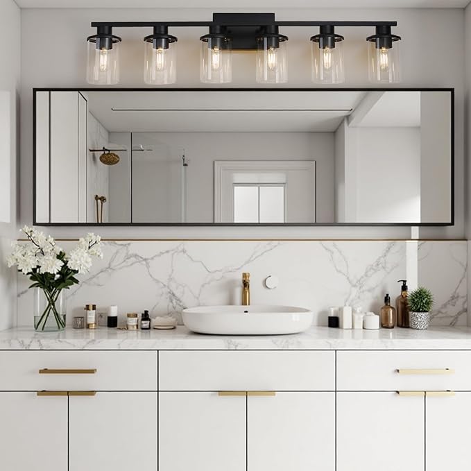 LOUSACE 6 Light Bathroom Vanity Light, Matte Black Bathroom Light Fixtures, Modern Bathroom Lights Over Mirror with Clear Glass Shade, Wall Sconce Lighting for Bathroom Mirror