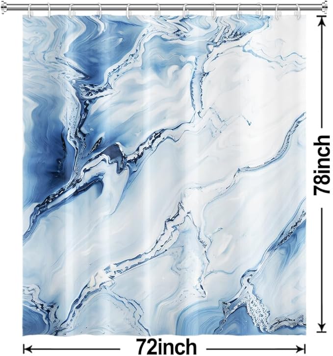 Blue Shower Curtain, Ombre Blue Marble Shower Curtain for Bathroom Modern Aesthetic Waterproof Shower Curtain Set with Hooks, 72x78 Inch
