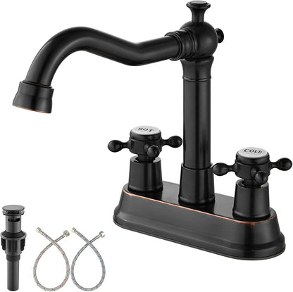 Aolemi 4 Inch Centerset Bathroom Sink Faucet Vintage 2 Cross Handle RV Mixer Tap Basin Vanity Lavatory Utility for Sink 3 Hole Include Hoses Pop Up Drain Faucet Handle with Label Oil Rubbed Bronze