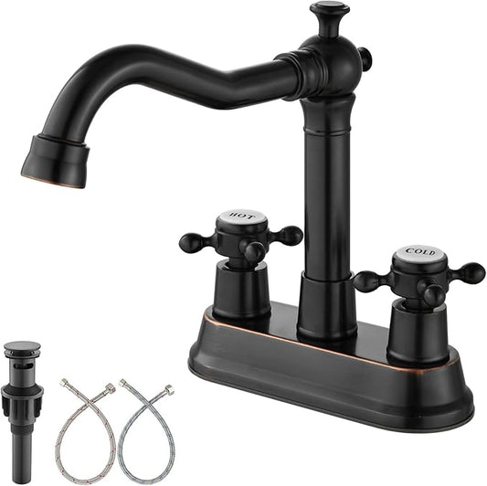 Aolemi 4 Inch Centerset Bathroom Sink Faucet Vintage 2 Cross Handle RV Mixer Tap Basin Vanity Lavatory Utility for Sink 3 Hole Include Hoses Pop Up Drain Faucet Handle with Label Oil Rubbed Bronze
