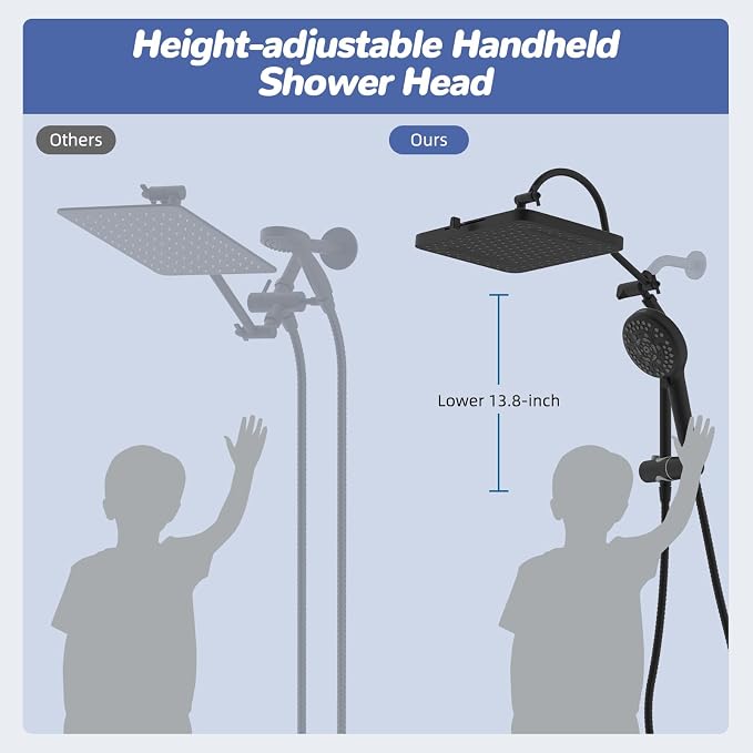 Hibbent Upgraded cUPC Certified 13'' Shower Head Combo, High Pressure 5 Spray Rainfall Showerhead with 10 Sprays Handheld, All Metal 3-way Diverter Shower Arm, 71'' Hose and Holder, Matte Black