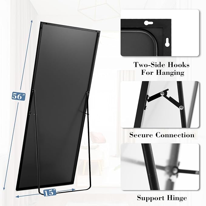 NEWBULIG Full Length Floor Mirror 56"x15", Body Standing Mirror | Wall Hanging or Leaning, Shatter-Proof Glass, Aluminum Alloy Frame with Stand, Home Decor Bedroom, Black