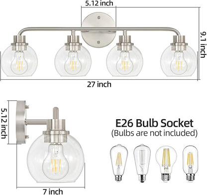 Bathroom Light Fixtures Brushed Nickel Vanity Light Silver 4 Light | Modern Wall Sconces Lighting Bathroom Lights with Glass Shade Bath Wall Lights for Mirror Kitchen Living Room Hallway 27"