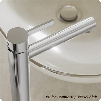 Chrome 1 Hole Tall Bathroom Vessel Sink Faucet, Single Hole Single Handle High Bathroom Faucet, with Pop Up Drain and Water Supply Line,FH01-C-V