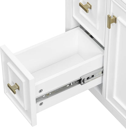 24" Modern Bathroom Vanity with Ceramic Sink, Solid Wood Frame Freestanding Storage Cabinet w/2 Drawers & Tilt-Out Drawer, Door Rack & Adjustable Shelf, Golden Metal Handles, White