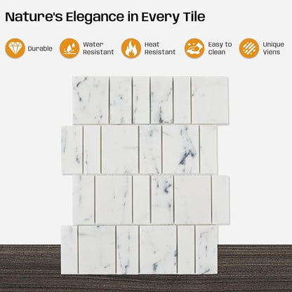 White Marble Mosaic Tile Honed for Kitchen Backsplash Bathroom Shower | Water Resistant Heat Resistant Marble Backsplash Tiles for Wall Floor Fireplace Surround 4SQFT Durable Nature Veins