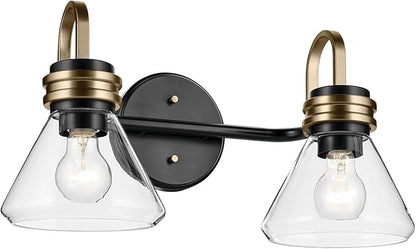 Kichler Farum 19.25" 2-Light Vanity Light with Clear Glass in Black, for Vanity, Jack & Jill Layout, Over a Mirror (19.25" W x 9.5" H), 55154BKCLR
