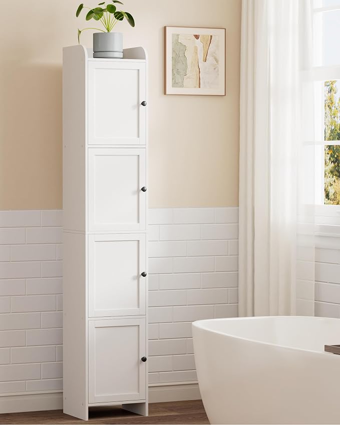 Slim Bathroom Storage Cabinet, Reversible Door Installation | Tall Narrow Storage Cabinet with Door and Shelves, Easy Assembly, 9.8 x 11.8 x 63.4 Inches, for Small Spaces, White