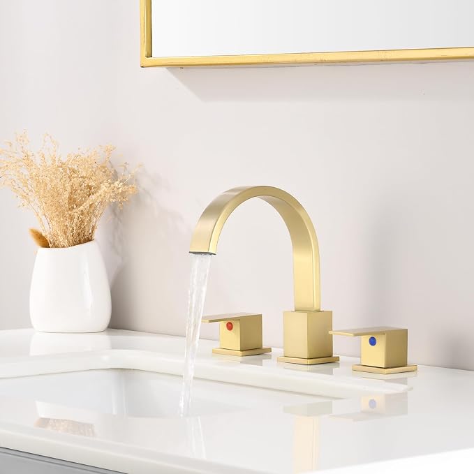 Widespread Brushed Gold Bathroom Faucets, Waterfall Golden Stainless Steel Bathroom Faucet for Sink 3 Hole, Vanity Lavatory Faucets with Drain & Water Hoses, 8 Inch, Lead-Free, 360° Swivel