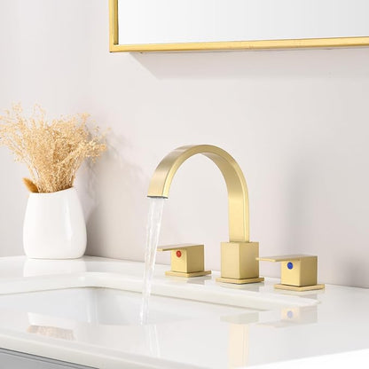 Widespread Brushed Gold Bathroom Faucets, Waterfall Golden Stainless Steel Bathroom Faucet for Sink 3 Hole, Vanity Lavatory Faucets with Drain & Water Hoses, 8 Inch, Lead-Free, 360° Swivel