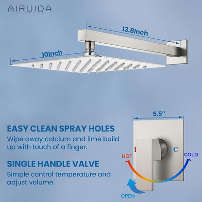 Airuida Shower Faucet Set,10 Inch Shower Valve Kit,Brushed Nickel | Male Threads,Rough-in Valve Shower Trim Kit,Single Handle Control Shower Set